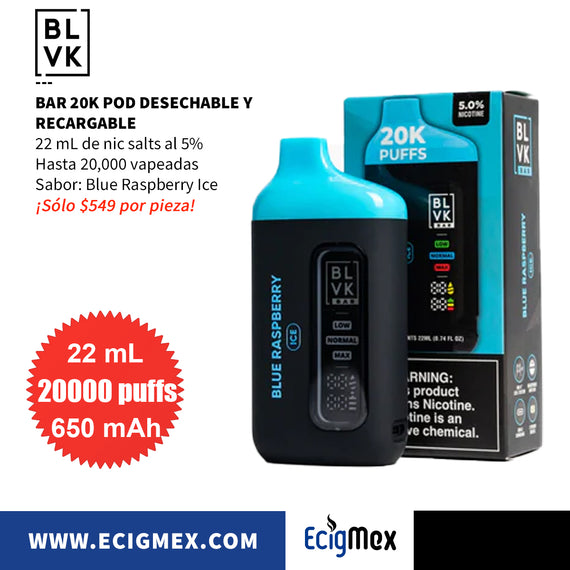 NUEVO POD Desechable BLVK BAR 20K Batería de 600 mAh Pantalla indicadora de Carga y Líquido Hasta 20,000 Vapeadas y 22 mL de Nic Salts
