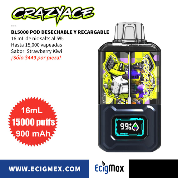 NUEVO POD Desechable CRAZYACE B15000 Batería de 900 mAh Pantalla indicadora de Carga y Líquido Hasta 15,000 Vapeadas y 16 mL de Nic Salts