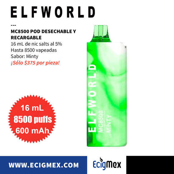 POD Desechable y Recargable ELFWorld MC8500 600 mAh Hasta 8500 Vapeadas y 16 mL de Nic Salts con sabores únicos