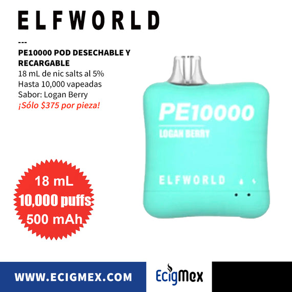 POD Desechable y Recargable ELFWorld PE10000 500 mAh Hasta 10,00 Vapeadas y 18 mL de Nic Salts con sabores únicos