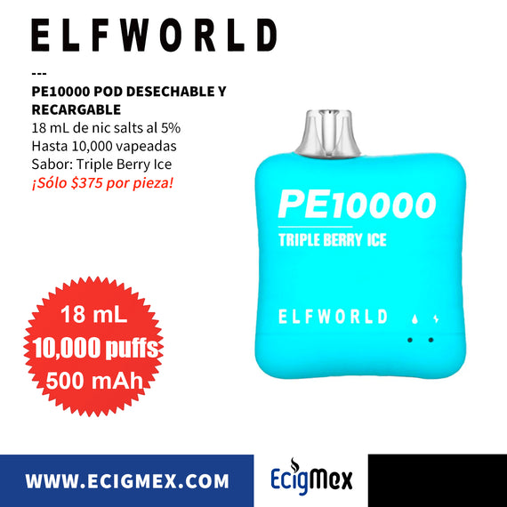 POD Desechable y Recargable ELFWorld PE10000 500 mAh Hasta 10,00 Vapeadas y 18 mL de Nic Salts con sabores únicos
