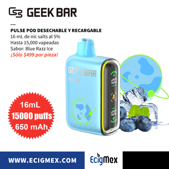 POD Desechable Geek Bar Pulse 650 mAh Diseño Estético con cuerpo indicador de Batería y Líquido Hasta 15,000 Vapeadas y 16 mL de Nic Salts