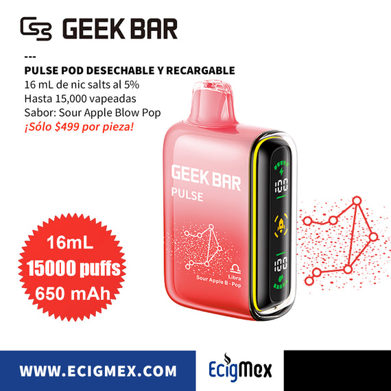 POD Desechable Geek Bar Pulse 650 mAh Diseño Estético con cuerpo indicador de Batería y Líquido Hasta 15,000 Vapeadas y 16 mL de Nic Salts