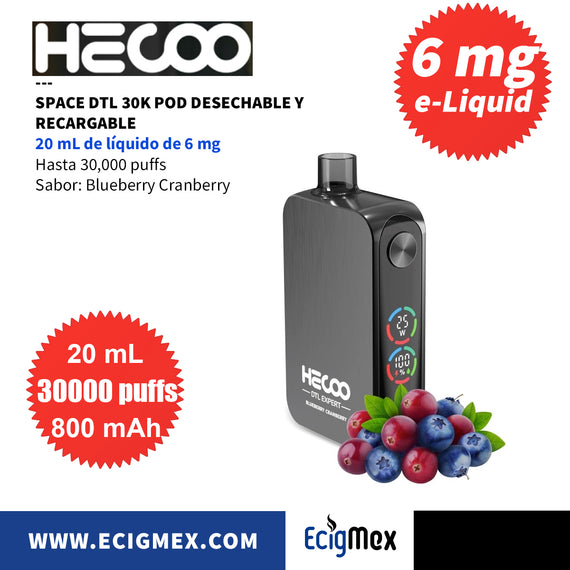 NUEVO POD Desechable Hecoo Space DTL 30K Batería de 800 mAh Pantalla indicadora de Carga y Líquido Hasta 30,000 Puffs y 20 mL de e-Liquid de 6 mg