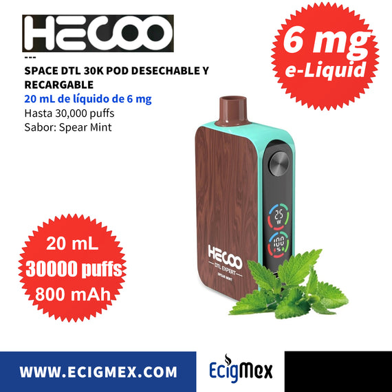 NUEVO POD Desechable Hecoo Space DTL 30K Batería de 800 mAh Pantalla indicadora de Carga y Líquido Hasta 30,000 Puffs y 20 mL de e-Liquid de 6 mg