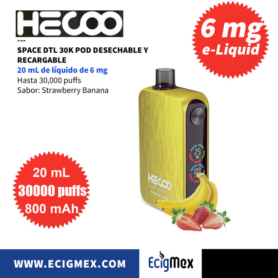 NUEVO POD Desechable Hecoo Space DTL 30K Batería de 800 mAh Pantalla indicadora de Carga y Líquido Hasta 30,000 Puffs y 20 mL de e-Liquid de 6 mg
