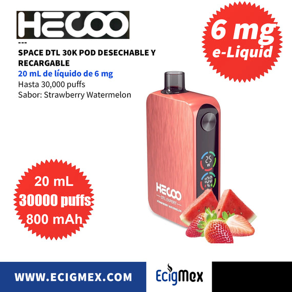 NUEVO POD Desechable Hecoo Space DTL 30K Batería de 800 mAh Pantalla indicadora de Carga y Líquido Hasta 30,000 Puffs y 20 mL de e-Liquid de 6 mg