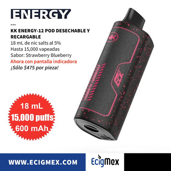 NUEVO POD Desechable KK Energy-12 Batería de 600 mAh Pantalla indicadora de Carga y Líquido Hasta 15,000 Vapeadas y 18 mL de Nic Salts