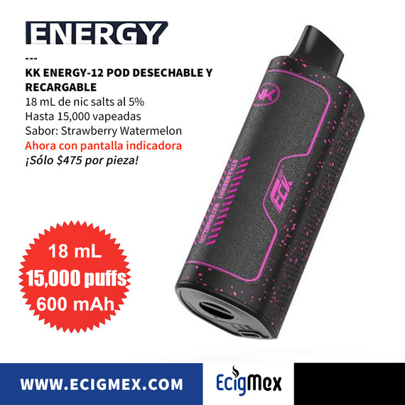 NUEVO POD Desechable KK Energy-12 Batería de 600 mAh Pantalla indicadora de Carga y Líquido Hasta 15,000 Vapeadas y 18 mL de Nic Salts