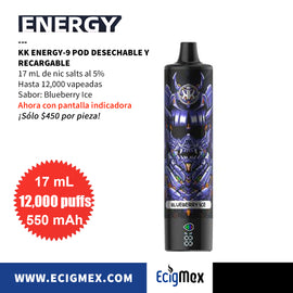 NUEVO POD Desechable KK Energy-9 550 mAh Pantalla indicadora de Batería y Líquido Hasta 12,000 Vapeadas y 17 mL de Nic Salts