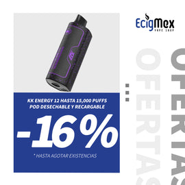 NUEVO POD Desechable KK Energy-12 Batería de 600 mAh Pantalla indicadora de Carga y Líquido Hasta 15,000 Vapeadas y 18 mL de Nic Salts