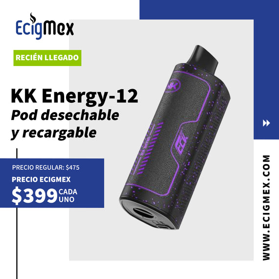 NUEVO POD Desechable KK Energy-12 Batería de 600 mAh Pantalla indicadora de Carga y Líquido Hasta 15,000 Vapeadas y 18 mL de Nic Salts