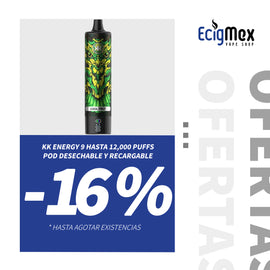 NUEVO POD Desechable KK Energy-9 550 mAh Pantalla indicadora de Batería y Líquido Hasta 12,000 Vapeadas y 17 mL de Nic Salts