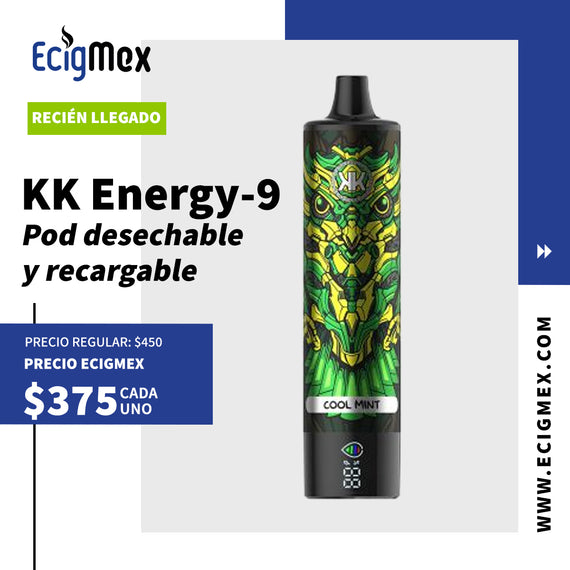 NUEVO POD Desechable KK Energy-9 550 mAh Pantalla indicadora de Batería y Líquido Hasta 12,000 Vapeadas y 17 mL de Nic Salts