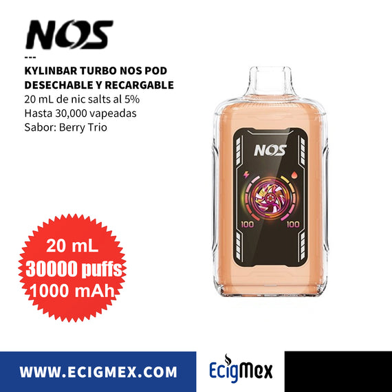 POD Desechable Kylinbar NOS Turbo 30K 1000 mAh Indicador de Batería y Líquido Hasta 30,000 Vapeadas y 20 mL de Nic Salts