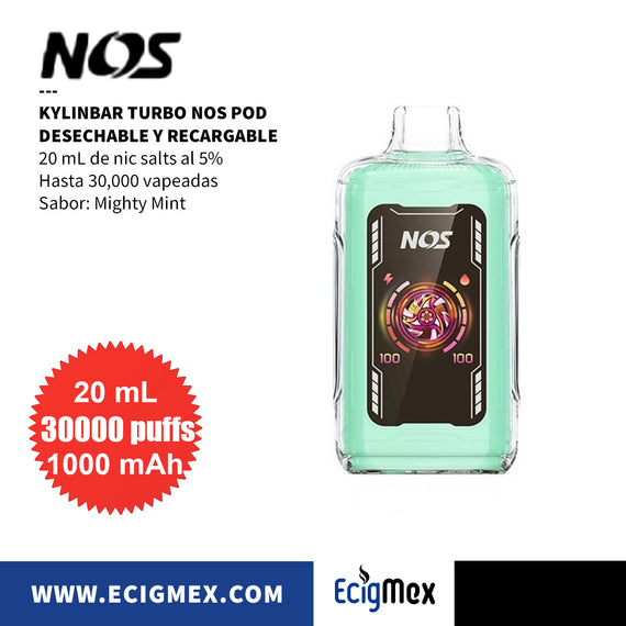 POD Desechable Kylinbar NOS Turbo 30K 1000 mAh Indicador de Batería y Líquido Hasta 30,000 Vapeadas y 20 mL de Nic Salts