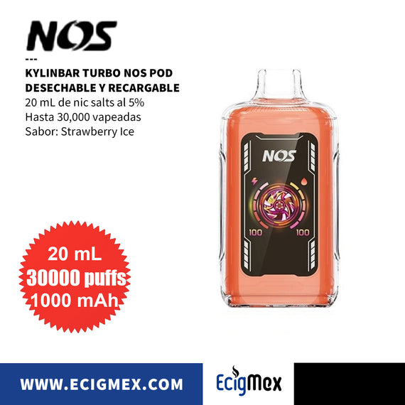 POD Desechable Kylinbar NOS Turbo 30K 1000 mAh Indicador de Batería y Líquido Hasta 30,000 Vapeadas y 20 mL de Nic Salts