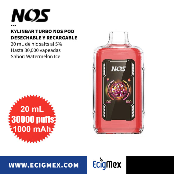 POD Desechable Kylinbar NOS Turbo 30K 1000 mAh Indicador de Batería y Líquido Hasta 30,000 Vapeadas y 20 mL de Nic Salts