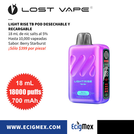 POD Desechable Lost Vape Light Rise TB 18K 700 mAh Indicador de Batería y Líquido Hasta 18,000 Vapeadas y 18 mL de Nic Salts