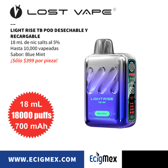 POD Desechable Lost Vape Light Rise TB 18K 700 mAh Indicador de Batería y Líquido Hasta 18,000 Vapeadas y 18 mL de Nic Salts