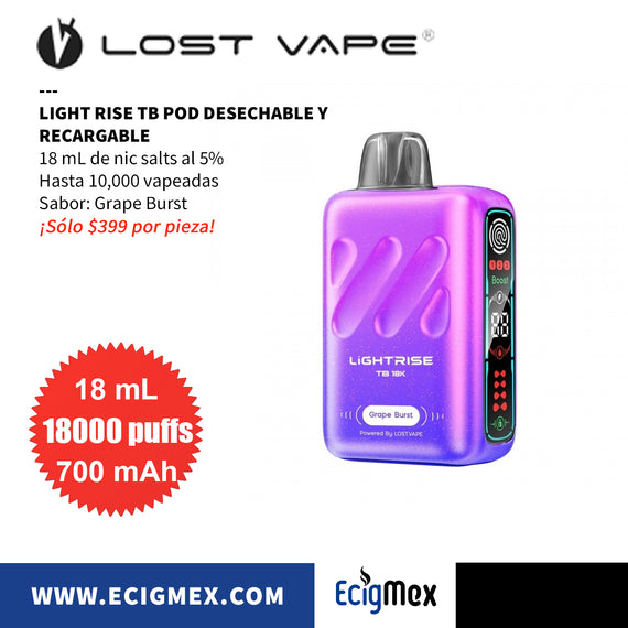 POD Desechable Lost Vape Light Rise TB 18K 700 mAh Indicador de Batería y Líquido Hasta 18,000 Vapeadas y 18 mL de Nic Salts