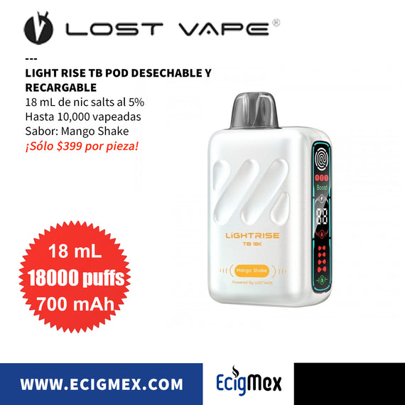 POD Desechable Lost Vape Light Rise TB 18K 700 mAh Indicador de Batería y Líquido Hasta 18,000 Vapeadas y 18 mL de Nic Salts