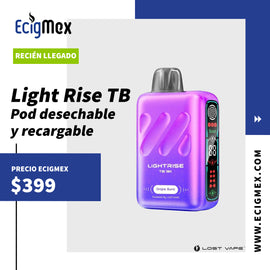 POD Desechable Lost Vape Light Rise TB 18K 700 mAh Indicador de Batería y Líquido Hasta 18,000 Vapeadas y 18 mL de Nic Salts