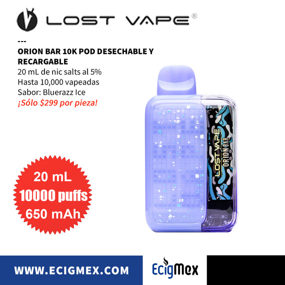 POD Desechable Recargable Lostvape Orion Bar 10K 650 mAh Hasta 10,000 Vapeadas y 20 mL de Nic Salts