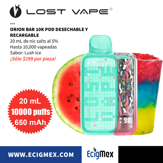 POD Desechable Recargable Lostvape Orion Bar 10K 650 mAh Hasta 10,000 Vapeadas y 20 mL de Nic Salts