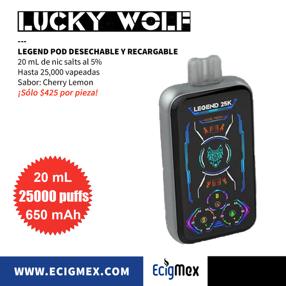 POD Desechable Lucky Wolf Legend 25K Batería de 650 mAh Pantalla indicadora de Carga y Líquido Hasta 25,000 puffs y 20 mL de Nic Salts con sabores intensos