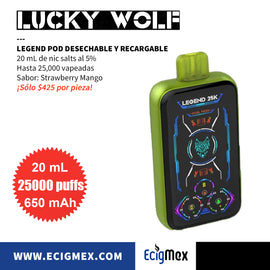 POD Desechable Lucky Wolf Legend 25K Batería de 650 mAh Pantalla indicadora de Carga y Líquido Hasta 25,000 puffs y 20 mL de Nic Salts con sabores intensos