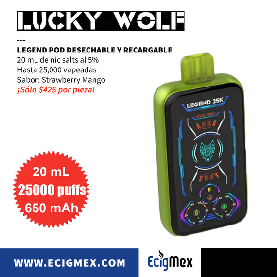 POD Desechable Lucky Wolf Legend 25K Batería de 650 mAh Pantalla indicadora de Carga y Líquido Hasta 25,000 puffs y 20 mL de Nic Salts con sabores intensos