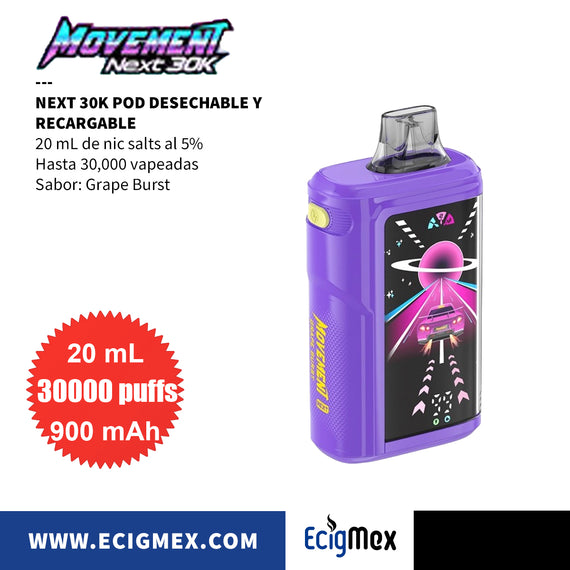 POD Desechable MOVEMENT Next 30K 900 mAh Indicador de Batería y Líquido Hasta 30,000 Vapeadas y 20 mL de Nic Salts