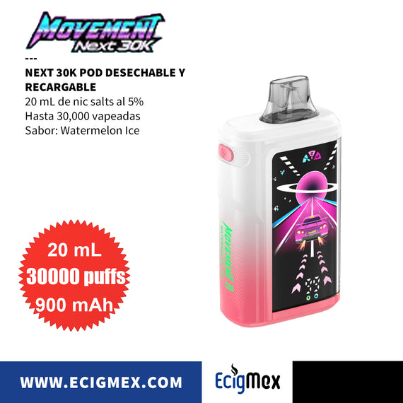 POD Desechable MOVEMENT Next 30K 900 mAh Indicador de Batería y Líquido Hasta 30,000 Vapeadas y 20 mL de Nic Salts