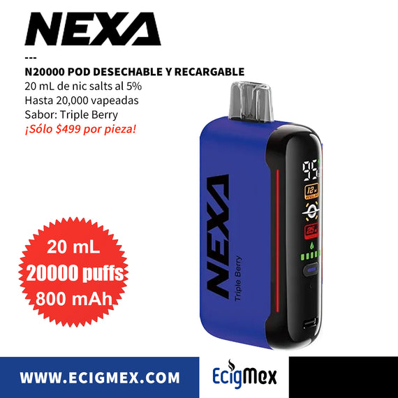 POD Desechable NEXA N20000 800 mAh Diseño Estético con cuerpo indicador de Batería y Líquido Hasta 20,000 Vapeadas y 20 mL de Nic Salts