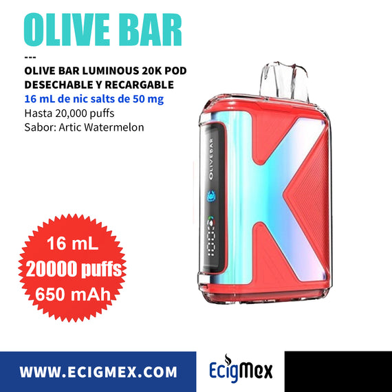 NUEVO POD Desechable OLIVE BAR LUMINOUS 20K Batería de 650 mAh Pantalla indicadora de Carga y Líquido Hasta 20,000 Puffs y 16 mL de Nic Salts de 50 mg