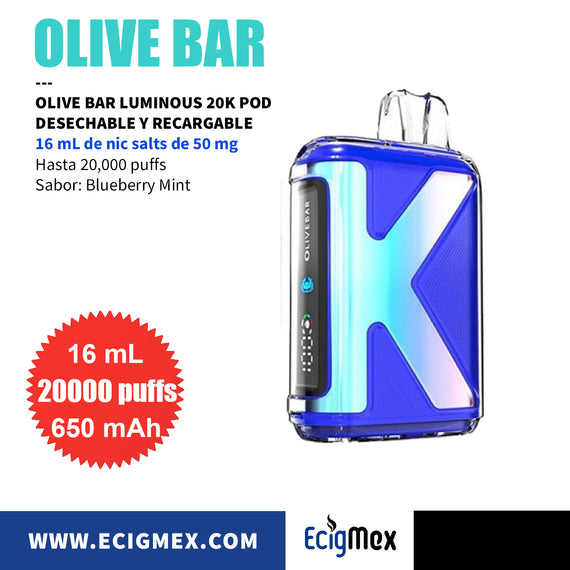 NUEVO POD Desechable OLIVE BAR LUMINOUS 20K Batería de 650 mAh Pantalla indicadora de Carga y Líquido Hasta 20,000 Puffs y 16 mL de Nic Salts de 50 mg