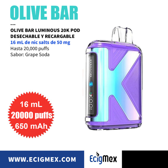 NUEVO POD Desechable OLIVE BAR LUMINOUS 20K Batería de 650 mAh Pantalla indicadora de Carga y Líquido Hasta 20,000 Puffs y 16 mL de Nic Salts de 50 mg