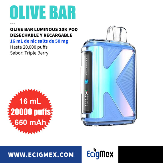 NUEVO POD Desechable OLIVE BAR LUMINOUS 20K Batería de 650 mAh Pantalla indicadora de Carga y Líquido Hasta 20,000 Puffs y 16 mL de Nic Salts de 50 mg