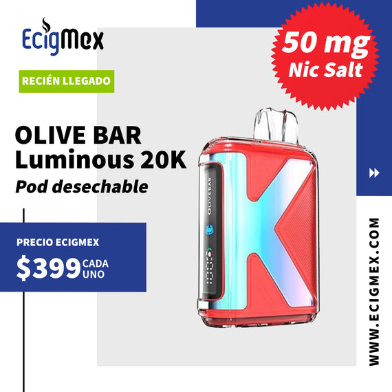 NUEVO POD Desechable OLIVE BAR LUMINOUS 20K Batería de 650 mAh Pantalla indicadora de Carga y Líquido Hasta 20,000 Puffs y 16 mL de Nic Salts de 50 mg