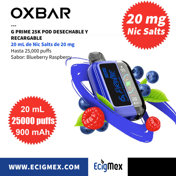 NUEVO POD Desechable OXBAR G PRIME 25K Batería de 900 mAh Pantalla indicadora de Carga y Líquido Hasta 25,000 Puffs y 20 mL de Nic Salts de 20 mg