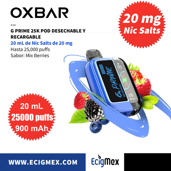 NUEVO POD Desechable OXBAR G PRIME 25K Batería de 900 mAh Pantalla indicadora de Carga y Líquido Hasta 25,000 Puffs y 20 mL de Nic Salts de 20 mg