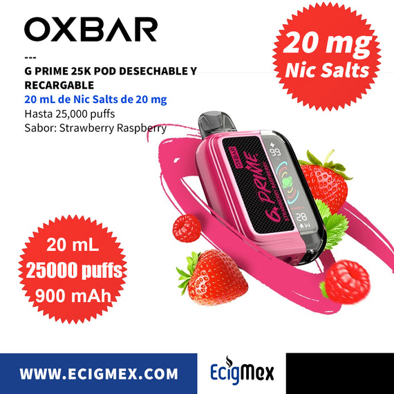 NUEVO POD Desechable OXBAR G PRIME 25K Batería de 900 mAh Pantalla indicadora de Carga y Líquido Hasta 25,000 Puffs y 20 mL de Nic Salts de 20 mg