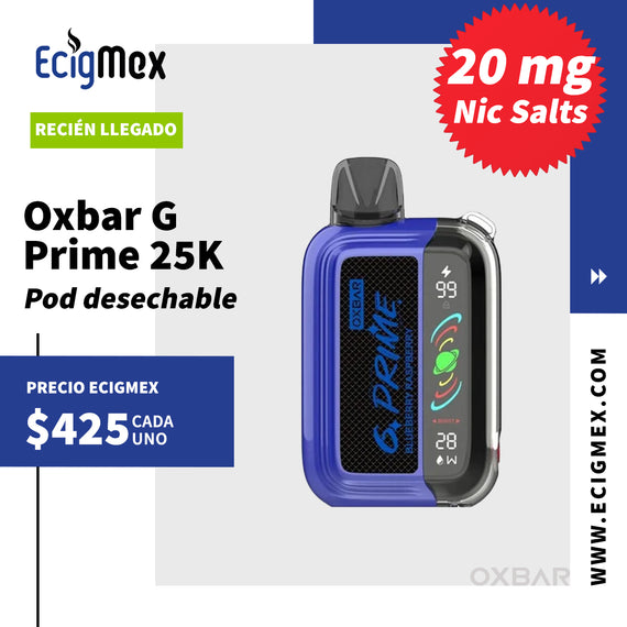 NUEVO POD Desechable OXBAR G PRIME 25K Batería de 900 mAh Pantalla indicadora de Carga y Líquido Hasta 25,000 Puffs y 20 mL de Nic Salts de 20 mg