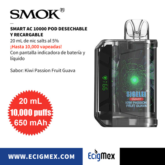 POD Desechable Sigelei SMART AC 650 mAh Pantalla indicadora de Batería y Líquido Hasta 10,000 Vapeadas y 20 mL de Nic Salts