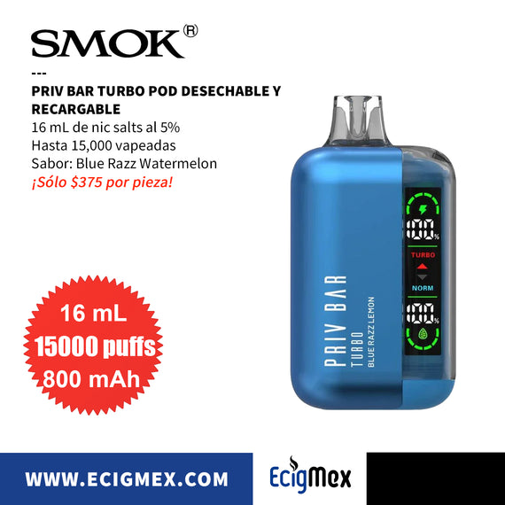 NUEVO POD Desechable SMOK Priv Bar Turbo Batería de 800 mAh Pantalla indicadora de Carga y Líquido Hasta 15,000 Vapeadas y 16 mL de Nic Salts
