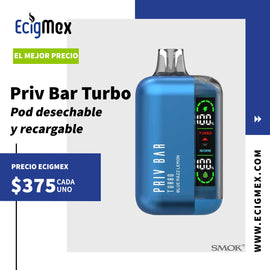 NUEVO POD Desechable SMOK Priv Bar Turbo Batería de 800 mAh Pantalla indicadora de Carga y Líquido Hasta 15,000 Vapeadas y 16 mL de Nic Salts