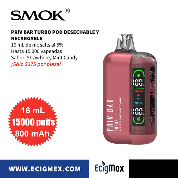 NUEVO POD Desechable SMOK Priv Bar Turbo Batería de 800 mAh Pantalla indicadora de Carga y Líquido Hasta 15,000 Vapeadas y 16 mL de Nic Salts