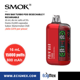NUEVO POD Desechable SMOK Priv Bar Turbo Batería de 800 mAh Pantalla indicadora de Carga y Líquido Hasta 15,000 Vapeadas y 16 mL de Nic Salts