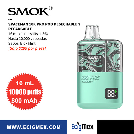 POD Desechable Spaceman 10K PRO 800 mAh Indicador de Batería y Líquido Hasta 10,000 Vapeadas y 16 mL de Nic Salts